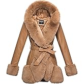 GRAN ORIENTE Women's Faux Leather Coat with Faux Fur Collar,Winter Warm Belted Mid Length Trim Jacket Fur Lined with Hood