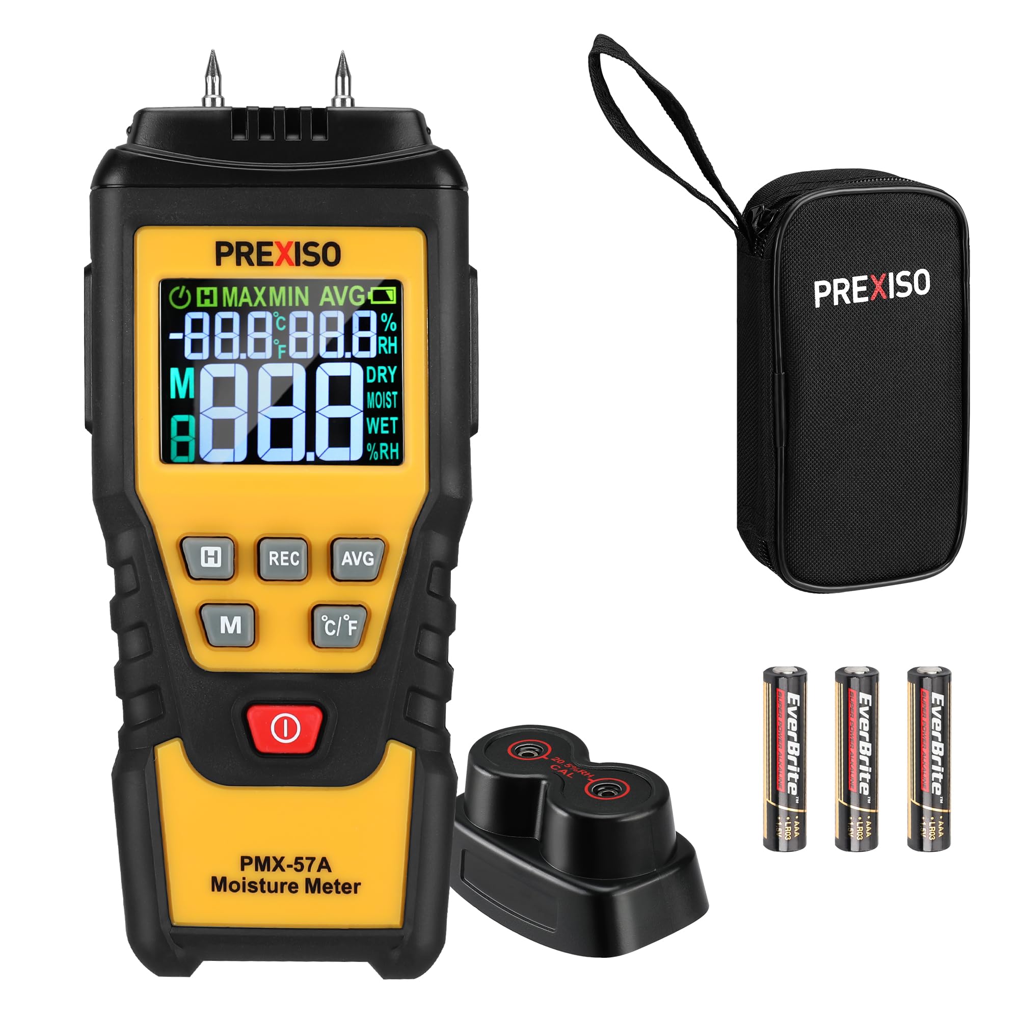 PREXISO Wood Moisture Meter, 7-in-1Digital Moisture Tester, Pin-Type Moisture Detector, Water Leak Detector, Damp Tester for Firewood, Woodworkig, Walls, Drywall, and Other Building Materials