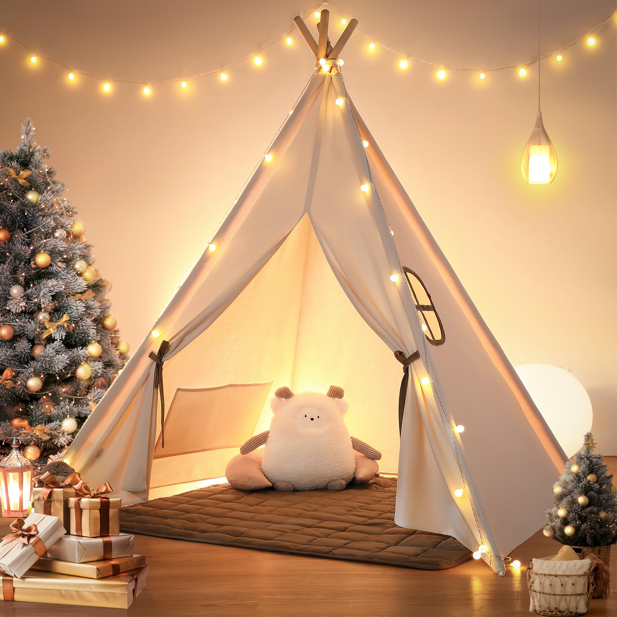 Photo 1 of besrey Kids Tent, Teepee Play Tent with Lights and Padded Mat, Portable Cotton Tipi for Indoor Reading and Playtime
