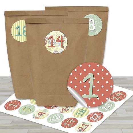 Diy Adventskalender Zum Befüllen Mit 24 Braunen Papiertüten Und 24 Dezenten Aufklebern Zum Selbermachen Und Basteln Mini Set Nr 24 Weihnachten