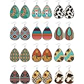 Bucherry 12 Pairs Western Earrings for Women Cowgirl Cow Print Wooden Leather Earrings Bulk Valentine's Day Jewelry Gifts Boho Cowboy Teardrop Dangle for Western Cowgirl Women