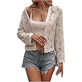BEAUDRM Women's Cardigan Sweater Crochet Hollow Out Button Front V Neck Long Sleeve Knit Crop Sweater Top