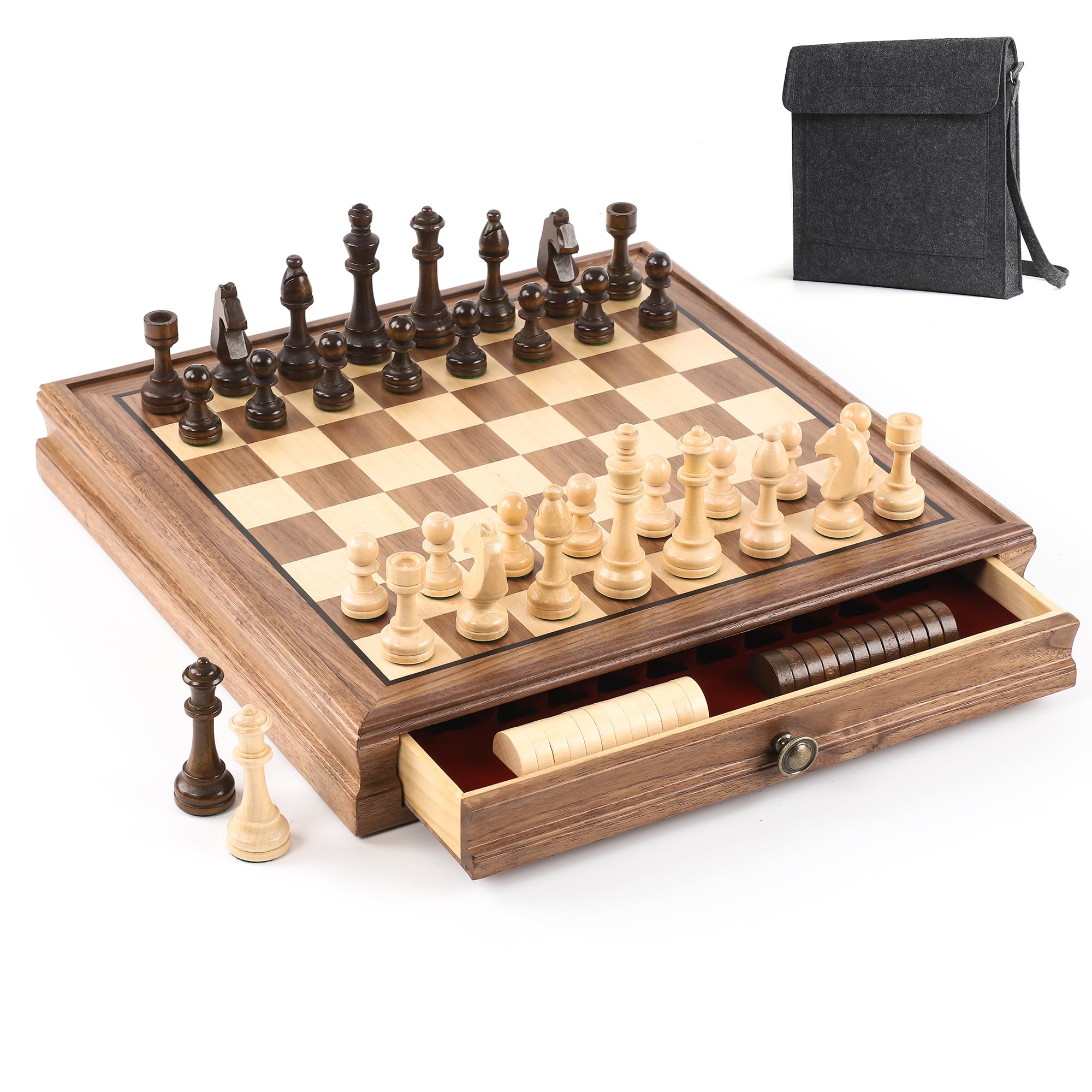 Premium Natural Walnut 13" x 13" Magnetic Wooden Chess Set with 1 Built-in Storage Drawers - 24 Checkers Pieces - Staunton Chess Pieces, Board Games