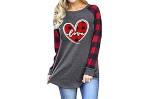 LHBNK Valentine's Day Shirt for Womens Love Heart Print Graphic Tees Buffalo Plaid Long Sleeve Shirts Tops