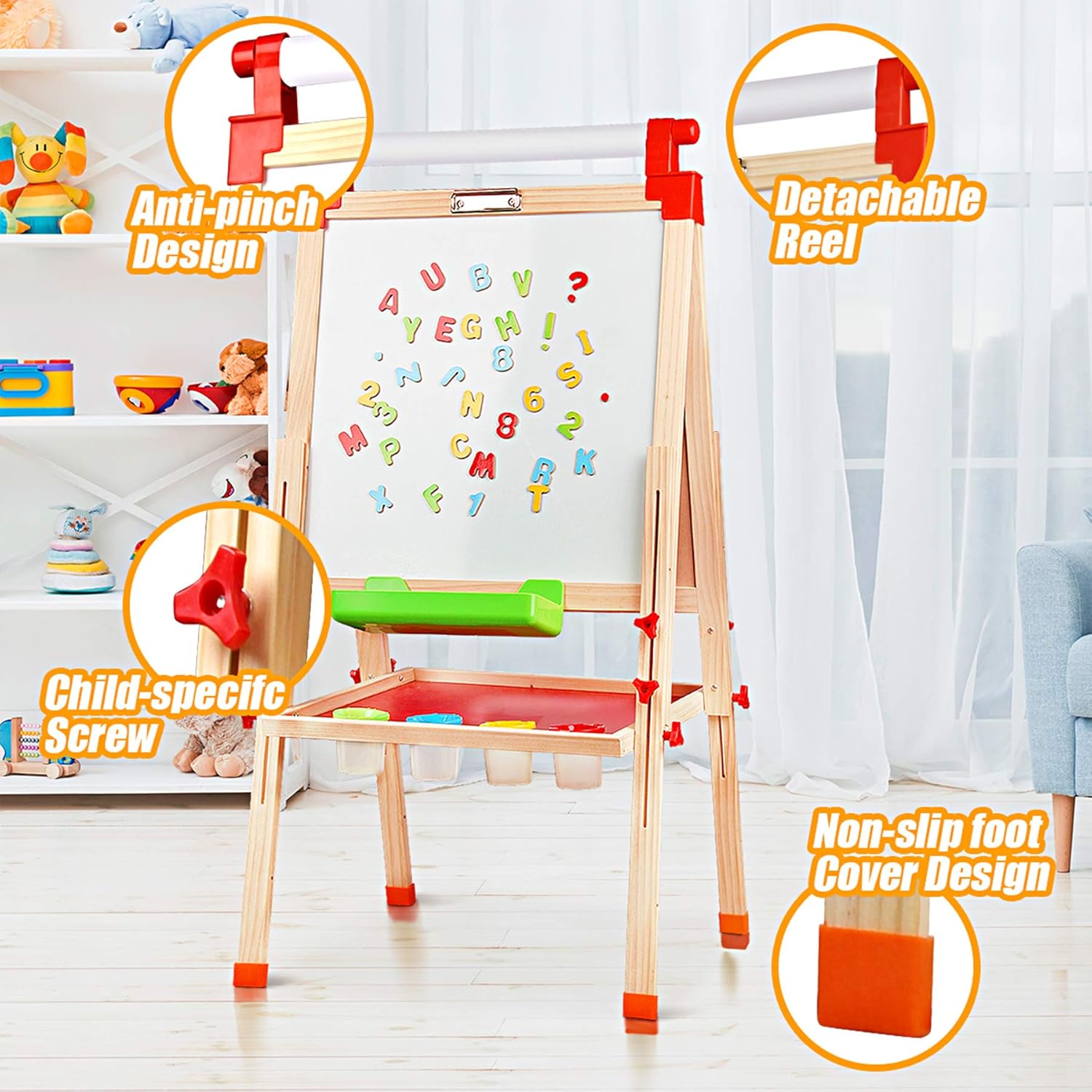 Joyooss Kids Wooden Easel with Extra Letters and Numbers Magnets, Adjustable Double Sided Drawing Board Whiteboard & Chalkboard Dry Easel Board, Children Art Easel for Boys Girls Painting Drawing: Toys & Games