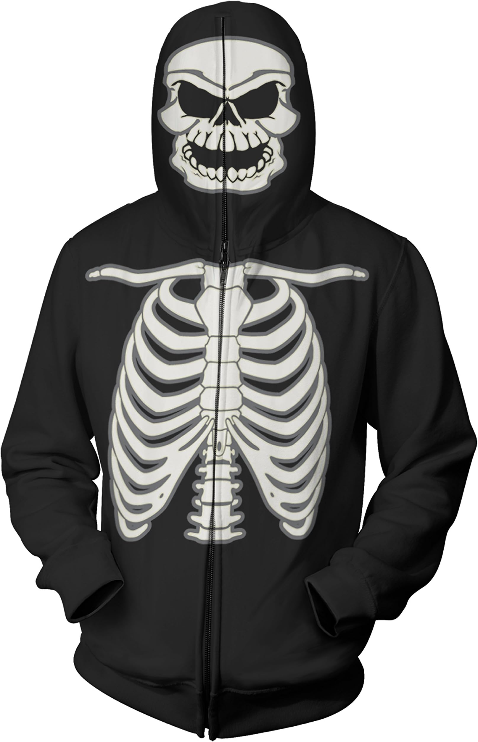 GWP Sport Glow in the Dark Skeleton Mask Full Zip Up Hoodie Halloween Costume For Men (Adult Costume)