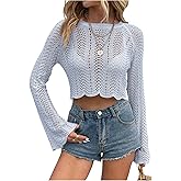 SOLY HUX Women's Hollow Out Crochet Crop Top Long Bell Sleeve Knit Sweater Pullover Without Bra