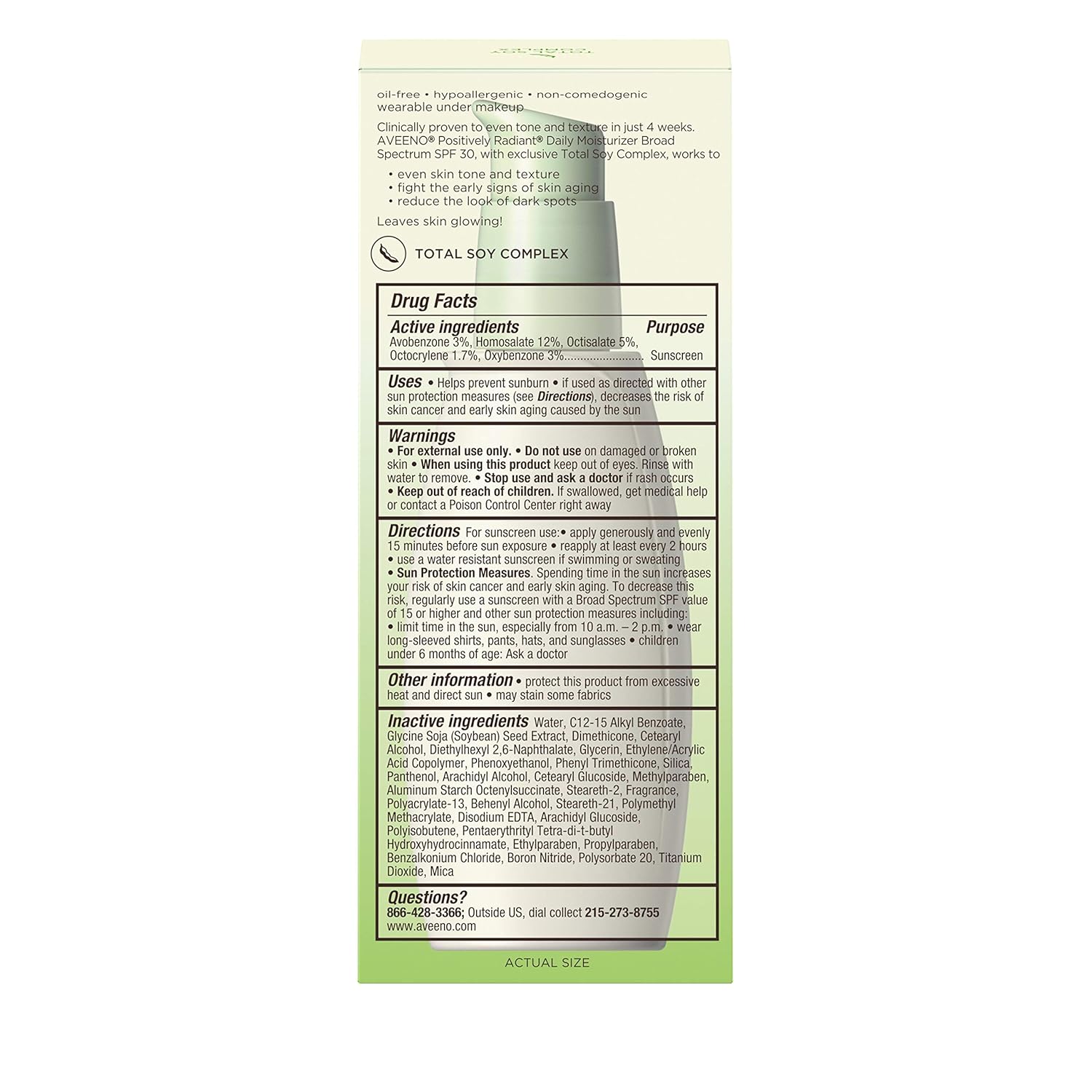 Aveeno Positively Radiant Daily Facial Moisturizer with Total Soy Complex and Broad Spectrum SPF 30 Sunscreen, Oil-Free and Non-Comedogenic, 2.5 fl. oz: Beauty