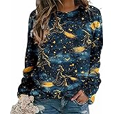 MARSVOVO Halloween Witch Shirts for Women Trendy Long Sleeve Tunic Sweatshirts Oversized Comfy Lightweight Graphic Tops