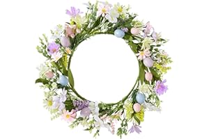 Wironlst Easter wreath18 inch Spring Door Wreath with Wild Flowers and Pastel Eggs Artificial Easter Decorations for Home Farmhouse Outdoor Indoor Window Wall Fireplaces