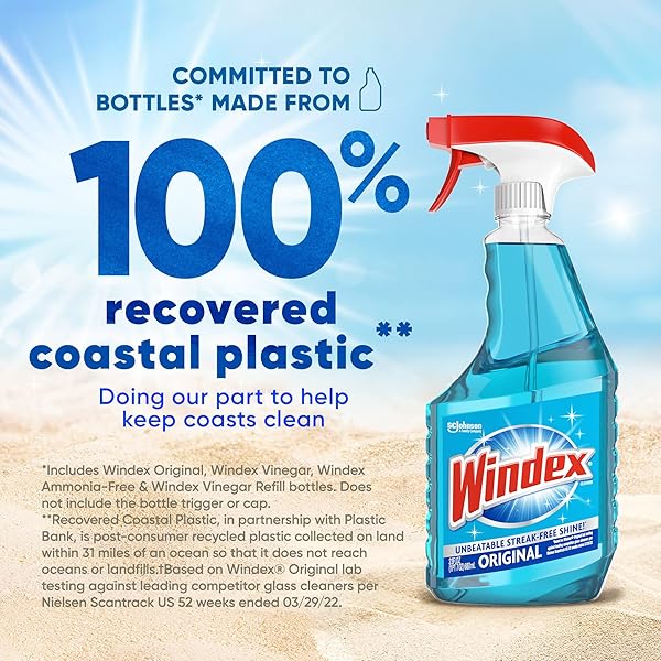 WINDEX REFILL GLASS AND WINDOW CLEANER BOTTLE, BOTTLE MADE FROM 100% RECYCLED PLASTIC, SURFACE CLEANING SPRAY, ORIGINAL BLUE SCENT, 2L (67.6 FL OZ)