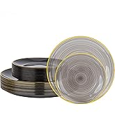 Morejoy 60Pcs Black Plastic Plates,Black Disposable Plates With Gold Rim,Heavy-duty Gold plate, Modern swirl design Plate Include 30 Dessert-plates,30Dinner-plates for Party,New Year