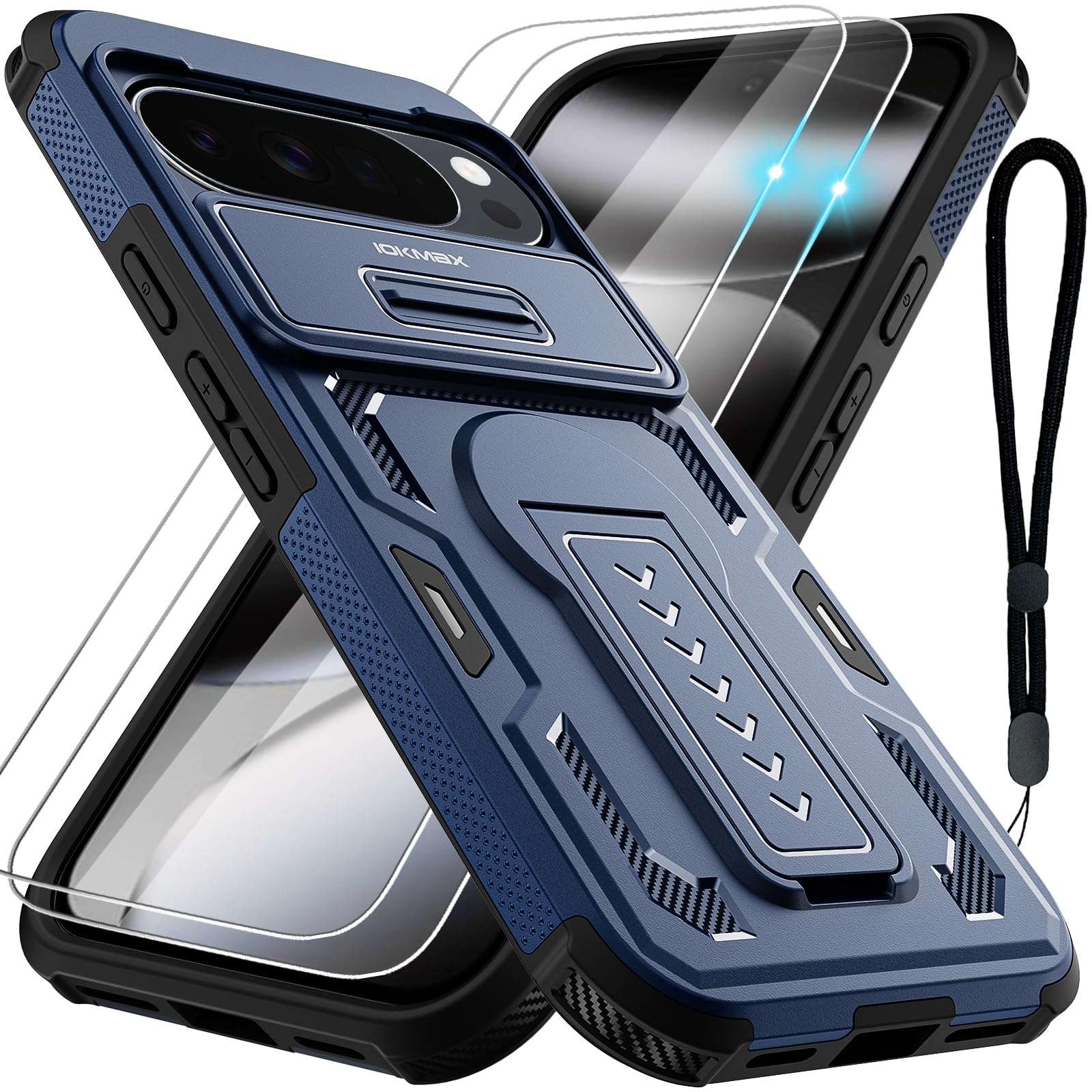 Iokmax for Google Pixel 10 Pro XL Case with 2 Pack Screen Protector, Upgrade Slide Camera Cover, Kickstand, Lanyard Strap, Military Grade Shockproof Protective Heavy Duty Non-Slip Phone Case, Blue