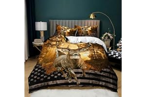 CVHOUSE Deer Hunting Duvet Cover Full Size,American Flag Bedding Set,Deer Theme Comforter for Boys Kids Teens,1 2 Pillowcases 3 Piece Full 79'x89'