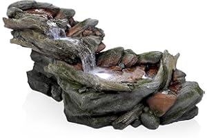Alpine Corporation | 60"L Outdoor 3-Tier Rainforest Rock River Hand-Painted Water Fountain with LED Lights — Garden, Patio & Yard Décor