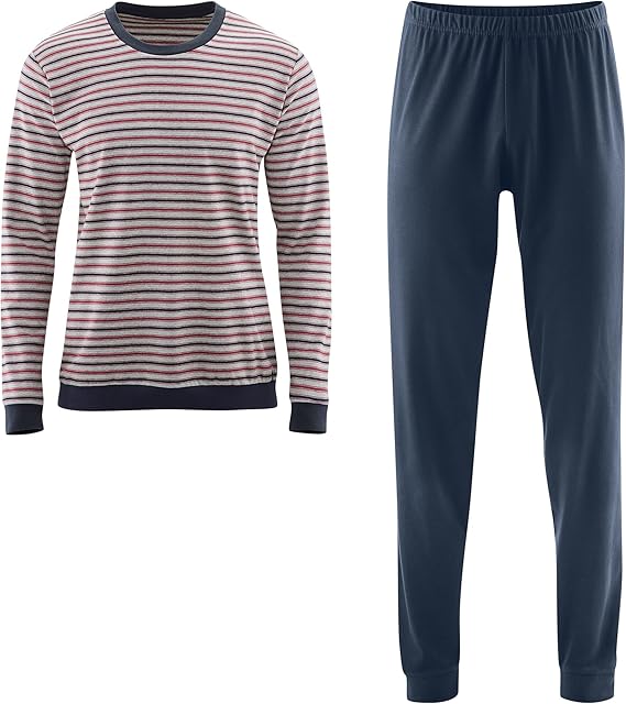Amazon リビングクラフト Living Crafts オーガニックコットン メンズ スウェットスーツ ダークネイビー ルビーレッド ストライプ パジャマ 通販