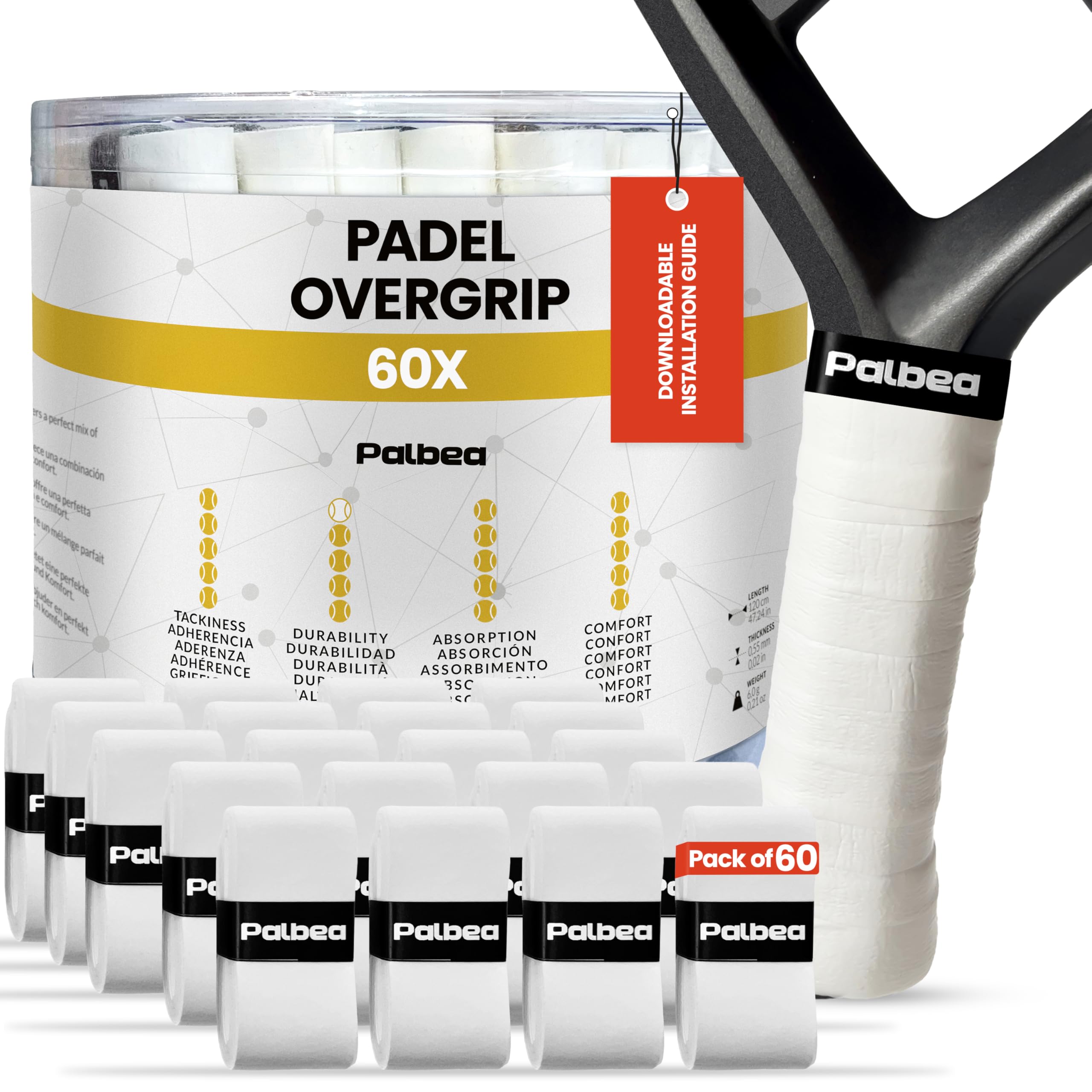 Palbea Padel OverGrip in White - Extra Tacky - Pack of 60 - Superior Sweat Absorption - Non-Slip Grip Tape for Padel & Tennis Rackets - Soft Feel - Specially Crafted for Padel Racquets.