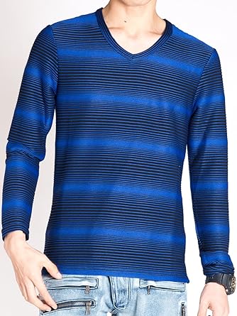 Amazon ロンt メンズ ボーダー カットソー Tシャツ Vネック 赤 青 黒