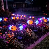 4 Pack Halloween Solar Garden Lights, Halloween Lawn Yard Outdoors Decor | 24 LED, Multicolor, Solar Powered, Auto Charging/ On/Off, Bat Pumpkin Ghost Decorations, IP65 Waterproof, Firefly Effect