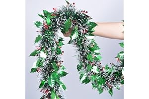 YUKL Green Christmas Tinsel Garland 49.2Feet Red Berries Leaves Christmas Garland Xmas Tree Decoration Xmas Garland for Twist Hanging Ceiling Indoor Outdoor Christmas Tree Decorations