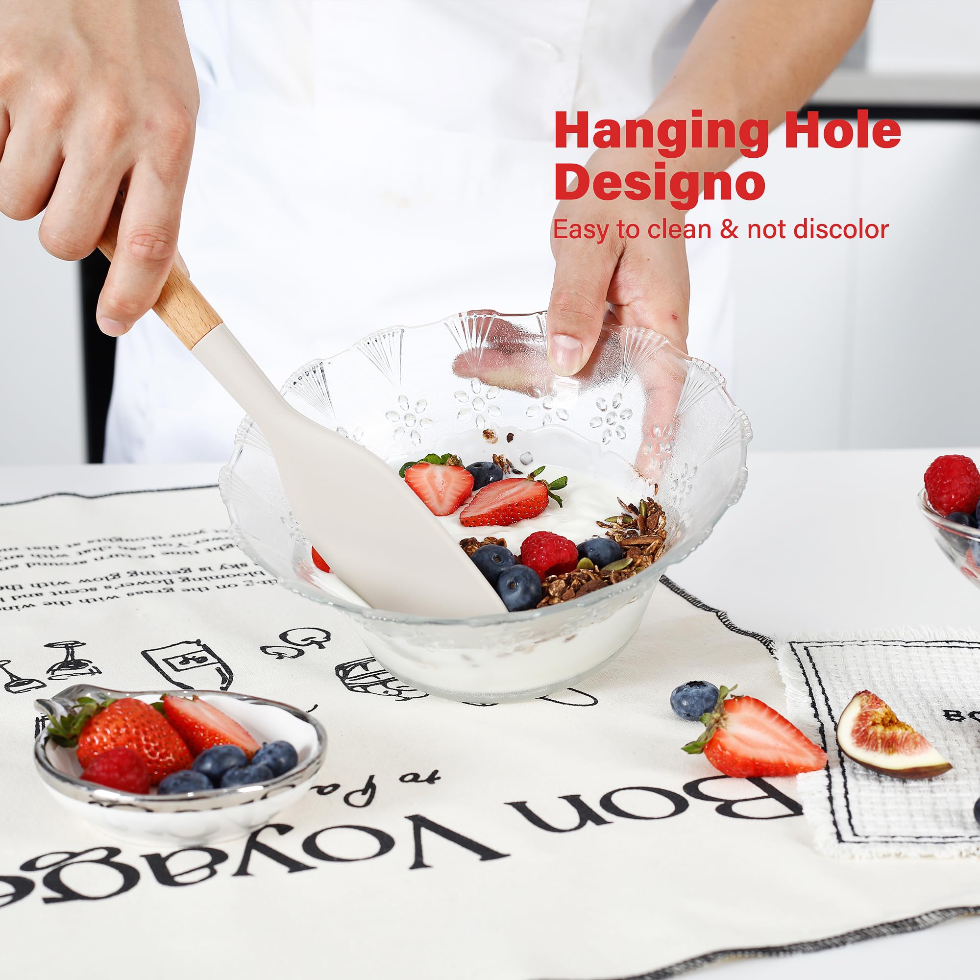 Kitchen Utensils Set, Large Non-stick Silicone Cooking Utensils Set 6 Pcs, Wooden Handle Heat Resistance Silicone Spatula Soup Ladle Pasta Server Kitchen Gadgets Utensils Set BPA Free (Khaki)