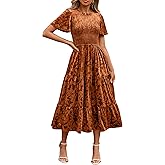 Simplee Velvet Dress for Women Semi Formal Short Sleeve Floral Smocked Empire Waist Fall Winter Wedding Guest Dresses