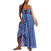 Women Y2k Boho Maxi Dress Tie Front V Neck Cami Flowy Dress Summer Causal Floral Beach Vacation Sundress