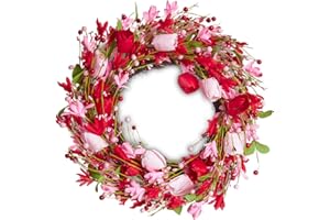 DN DECONATION 18.8 Inch Valentine's Day Wreath, Red Pink Tulip Floral Wreath with Berry Accents for Front Door Decor, Spring 