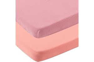 ONACOSHT Muslin Pack n Play Sheets Soft Breathable 100% Cotton Mini Crib Fitted Sheets Portable/Convertible Playard Mattress Cover 2 Pack for Baby Girl, Pink and Pastel Violet