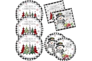 Dydamud Christmas Paper Plates and Napkins - Buffalo Plaid Merry Christmas Tree Dinner Plates for Xmas Party Decorations (Black)