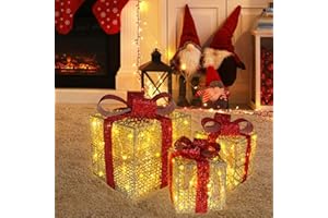 MEETJOYANCY Lighted Gift Boxes Set of 3, Champagne Gold Christmas Light Up Gift Boxes, Prelit 60 White Lights Present Box Lighted Display with Plug for Home Porch Outdoor Yard Gold Christmas Decorations