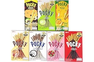 Glico Pocky Biscuit Stick 7 Flavor Variety Pack (Pack of 7) Pocky Chocolate, Strawberry, Matcha Green Tea, Cookies & Cream , Almond , Mango and Choco Banana