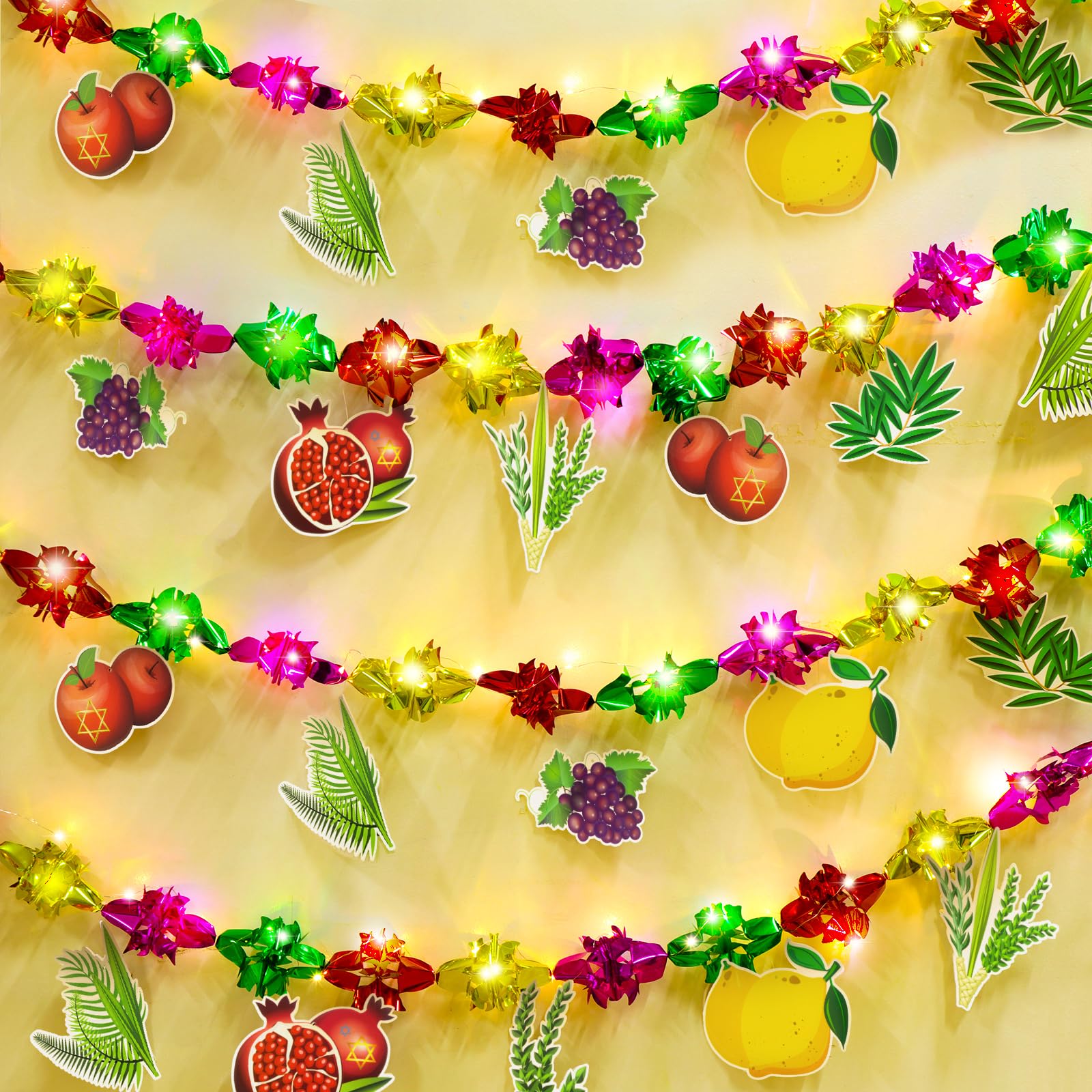 Photo 1 of Retrowavy 4 Pcs Lighted Sukkot Fruit Hanging Decorations with 36 Pieces Sukkot Paper Cards Pomegranate Lemon Willow Sprigs Sukkah Foil Hanging Decor Banner Decorations for Jewish Party Decor