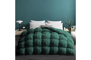 UNIKOME Pinch Pleat Goose Feather Down Comforter - 20% Extra Fill, 90oz, All Season Duvet Insert with 100% Cotton Cover, Cloud-Like Fluffiness (Green, Queen/Full, 90"X90")
