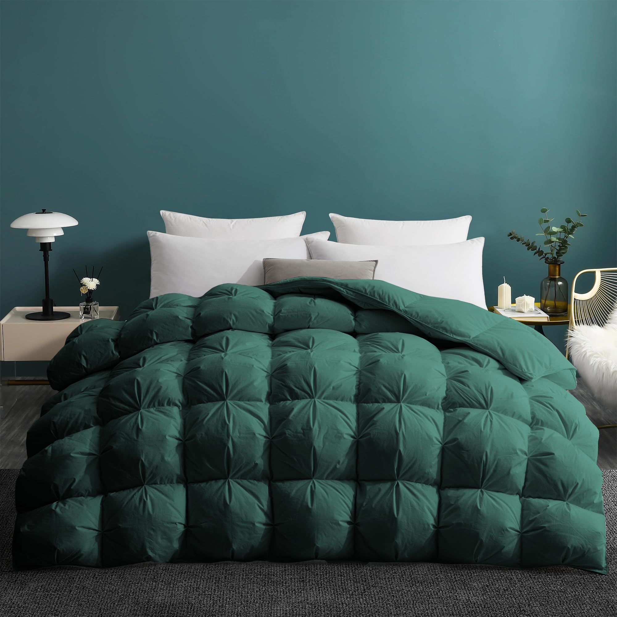 Photo 1 of UNIKOME Pinch Pleat Goose Feather Down Comforter - 20% Extra Fill, 90oz, All Season Duvet Insert with 100% Cotton Cover, Cloud-Like Fluffiness (Green, Queen/Full, 90"X90")