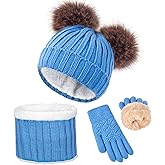 Kids Winter Beanie Scarf Gloves Set - Thermal Fleece Lined Knit Hat, Soft Neck Warmer & Mittens for Girls & Boys 1-10 Years