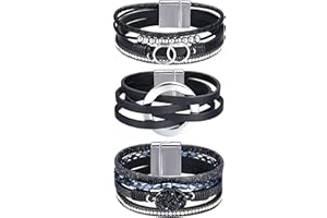 Sanfenly Leather Wrap Bracelets for Women,Boho Wrap Bracelets Leather Cuff Bangle Beads Bracelets Stackable Western Bracelets Jewelry for Women (Gold/Black/Gray/Turquoise)