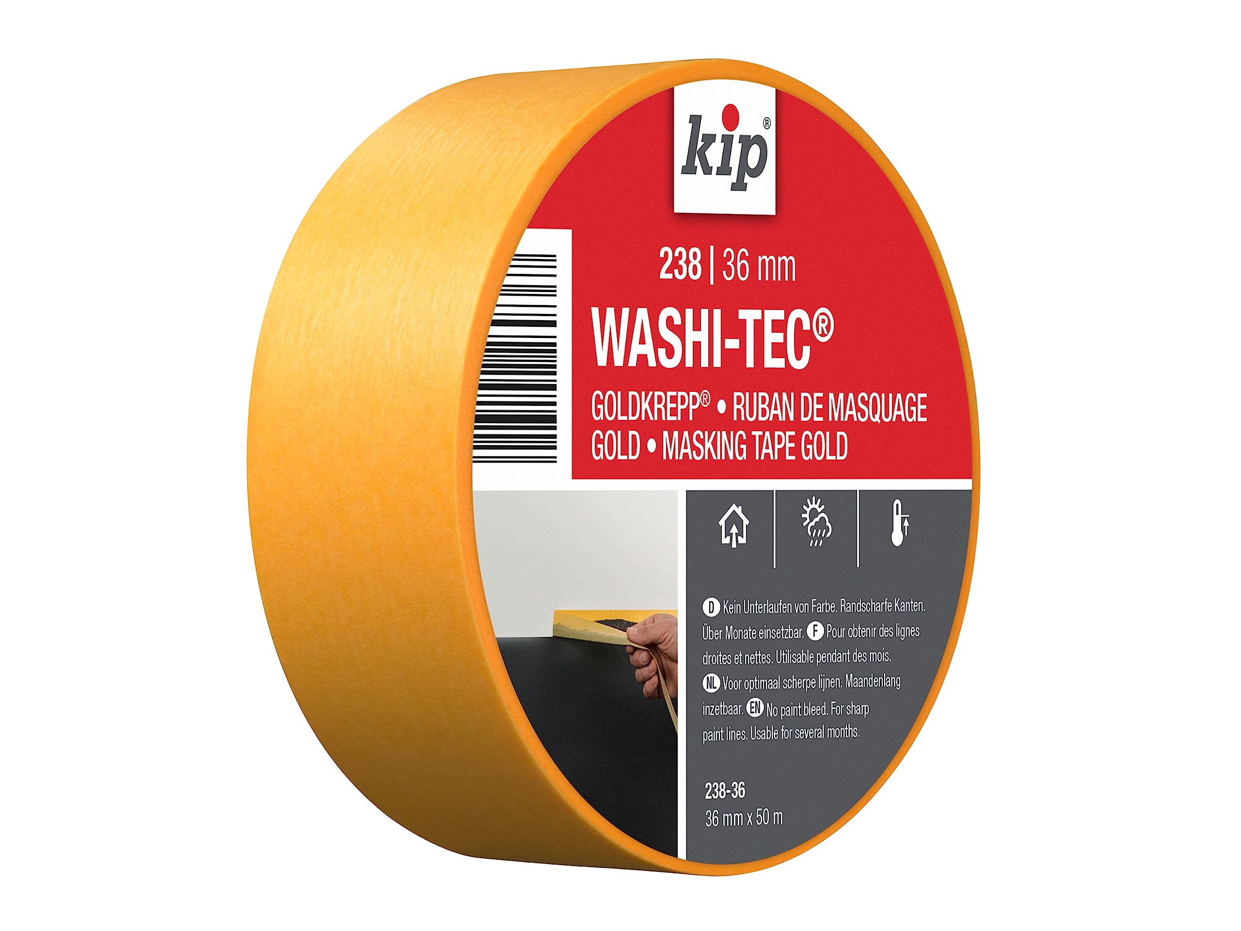 Kip Gold Precision Edge Painters Masking Tape 36mm x 50m (1.5") for Painting and Decorating, Razor Sharp Lines, Washi