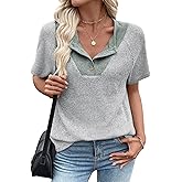 EVALESS Spring Summer Tops for Women Casual Short Sleeve T Shirts V Neck Henley Shirts Patchwork Button Up Knit Pullover Tops