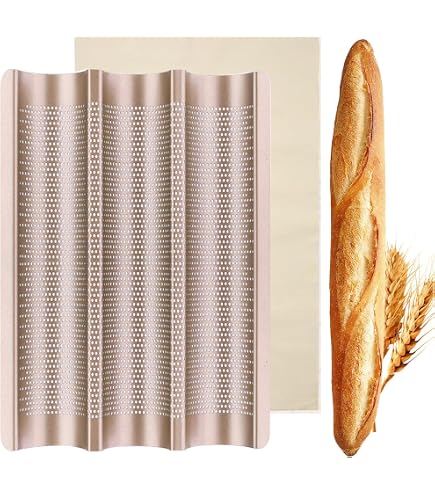 Moule à Baguettes Perforé En Acier Inoxydable - Pour 3 Pains - Dimensions 38.5x25cm - Revêtement Antiadhésif