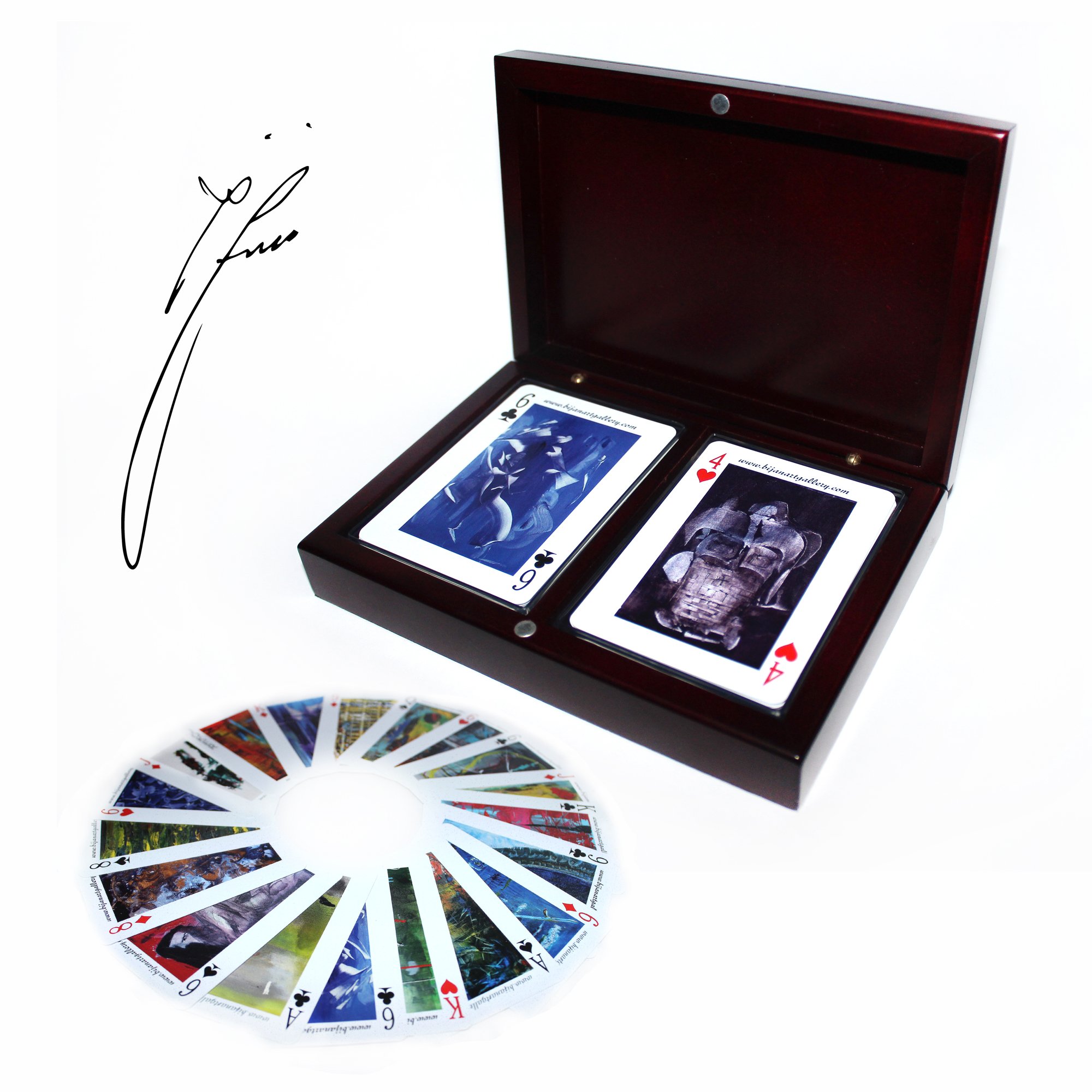 Bijan Art Gallery Signature Double Deck Playing Cards in a Mahogany Wooden Box (Featuring 108 Paintings)