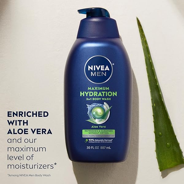 NIVEA MEN MAXIMUM HYDRATION BODY WASH FOR DRY SKIN, ALOE VERA ENRICHED, 3-IN-1 MOISTURIZING BODY WASH, FACE AND HAIR, PARABEN FREE, VEGAN FORMULA, 30 FL OZ BOTTLE