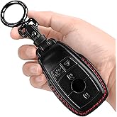 Tukellen for Mercedes Benz key fob cover Genuine Leather with keychain,Leather Protector Key case compatible with 2017-2023 E-Class 2018-2021 S-Class 2019-2023 A-Class C-Class G-Class-Black (Red line)