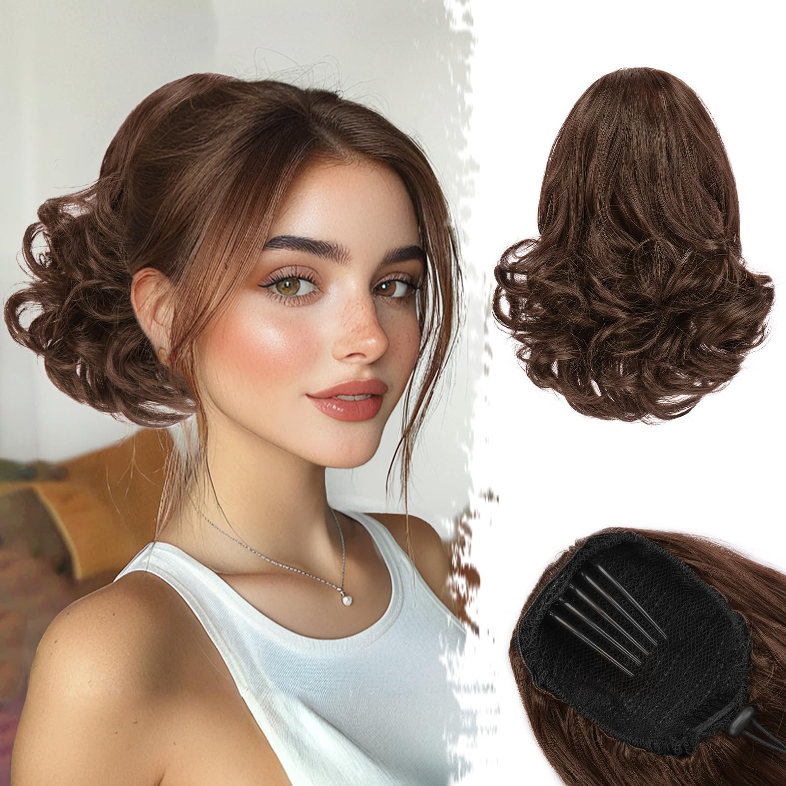 BARSDAR Drawstring Ponytail Extension, 10 Inch Short Wavy Brunette Brown Ponytail Extensions for Women Synthetic Comb Clip in Ponytail Hairpieces Fake Pony Tails Daily - Brunette Brown