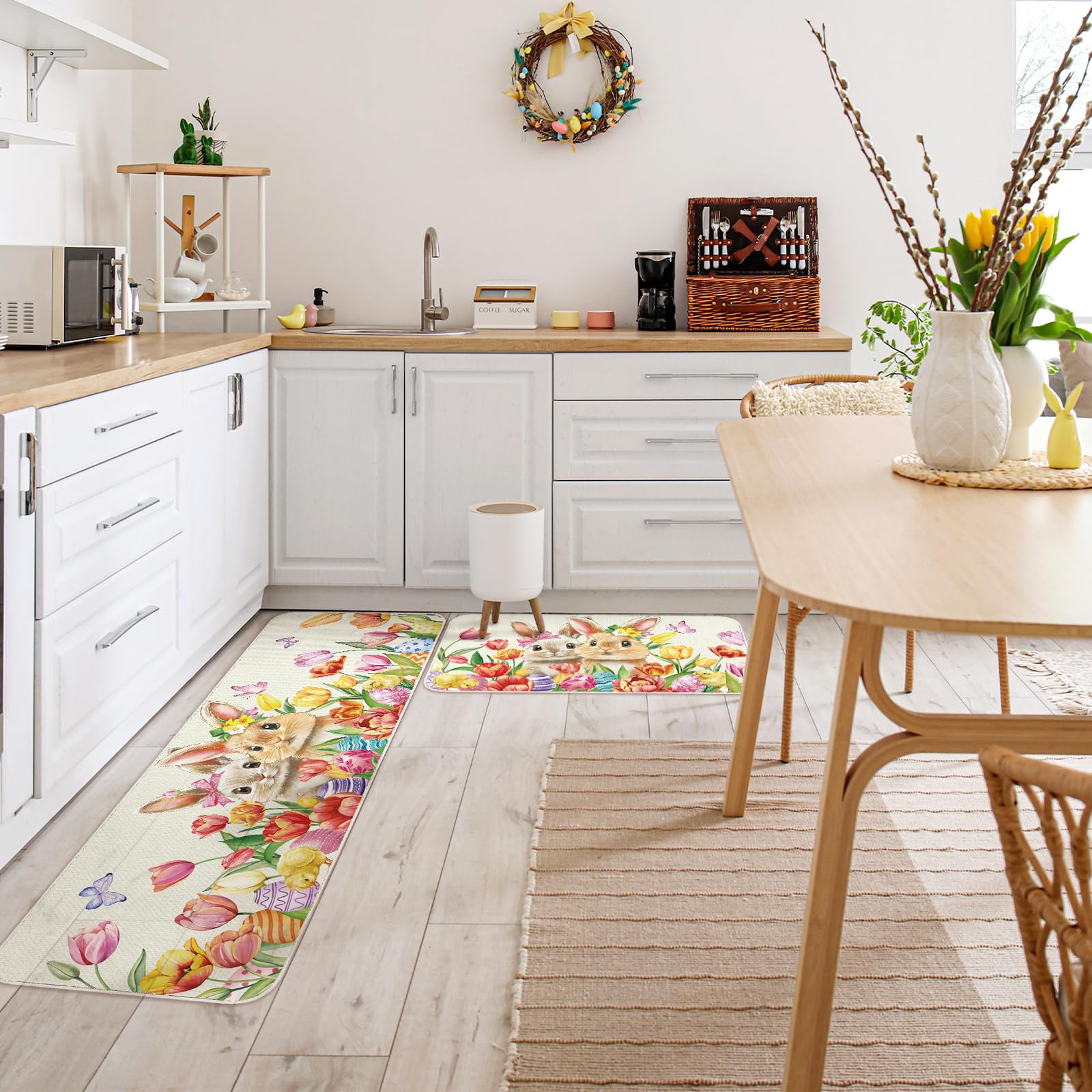 Tinideya Easter Bunny Kitchen Rugs and Mats Set of 2 Rabbit Egg Non Slip Floor Kitchen Mats Spring Colorful Home Decor Welcome Doormat for Spring Easter Home Decorations, 17x29 and 17x47 Inch - Image 3