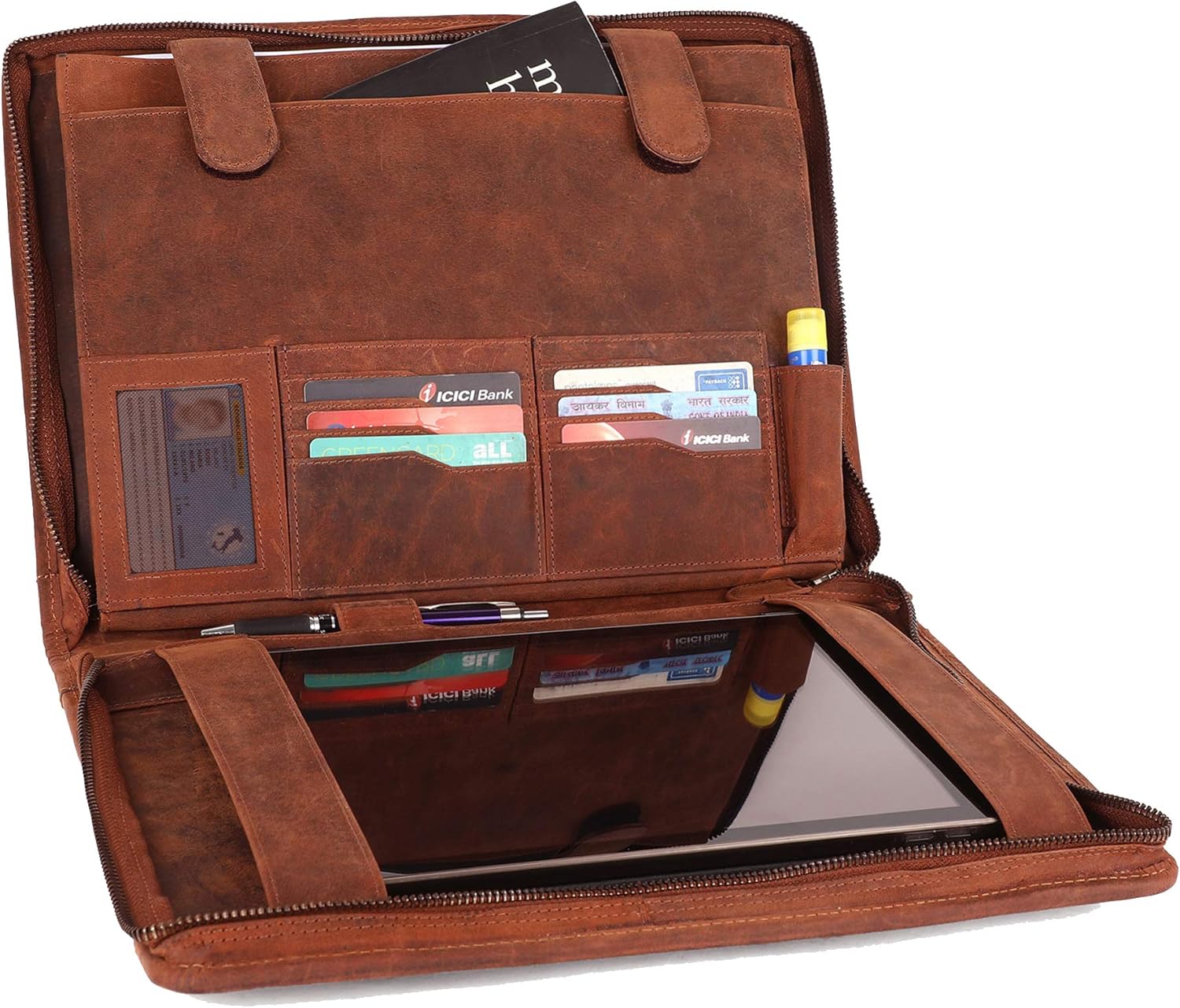 Supreme Business Portfolio by Rustic Town | Professional Organizer for Men & Women | Durable Leather Padfolio | Easy to Carry with A Zippered Closure | Many Slots, Compartments & Holders