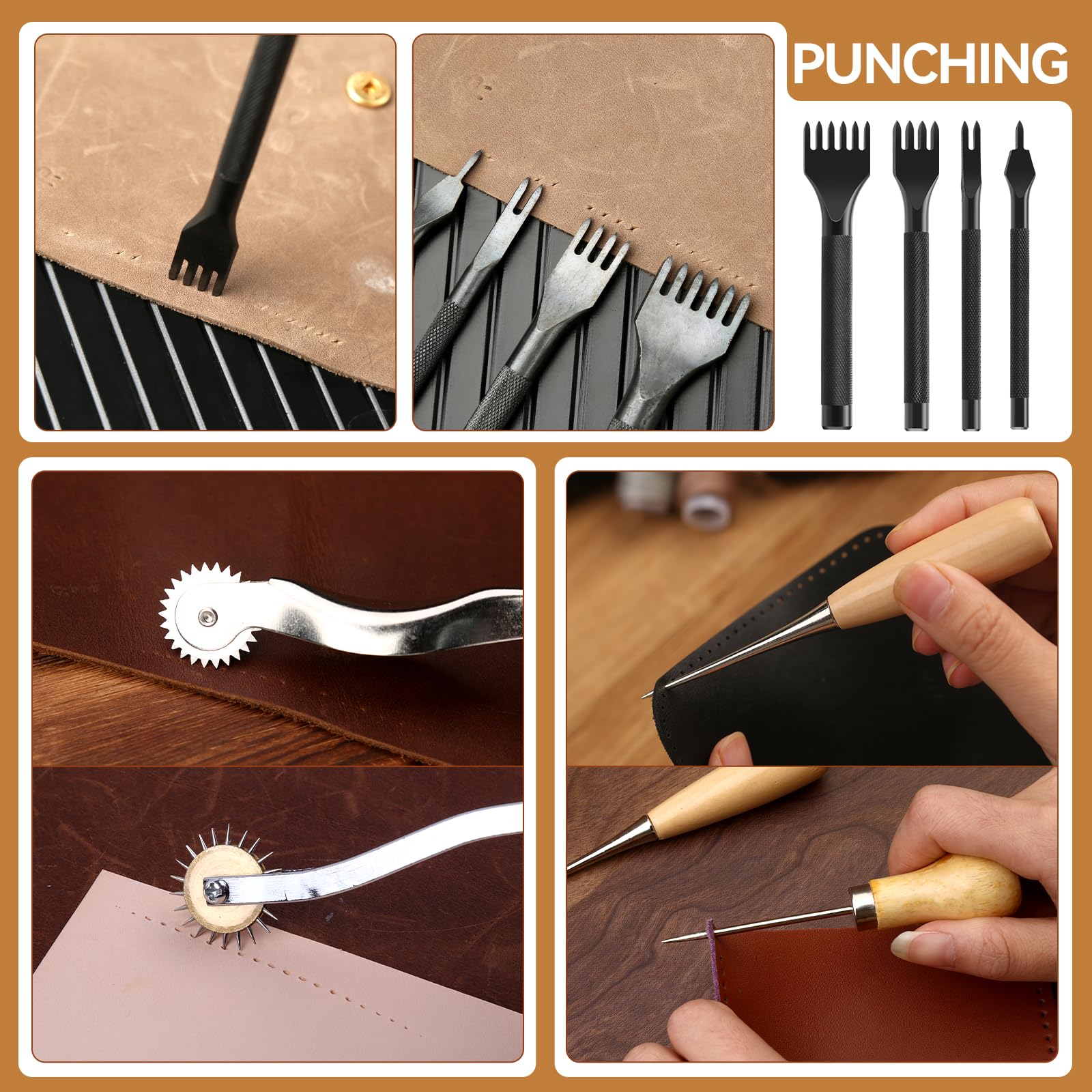 60 Pcs Leather Working Kit Leather Sewing Kit Leathers Craft Tools with Storage Bag Stamping Tools Stitching Groover Waxed Thread Prong Punch for Craft Making Stitching and Punching