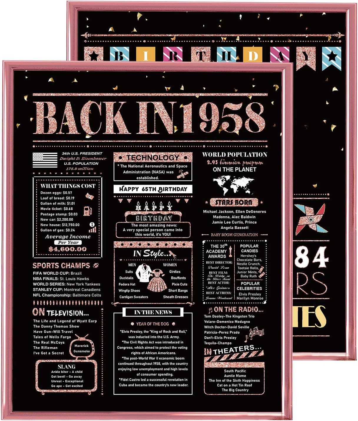 Wall Décor - 65th Birthday Posters, 2 Pieces 65th Birthday Decorations for Women, 65th Birthday Gifts for Mom, Back in 1958 Birthday Poster (Unframed), 8x10 Inch, Rose Gold