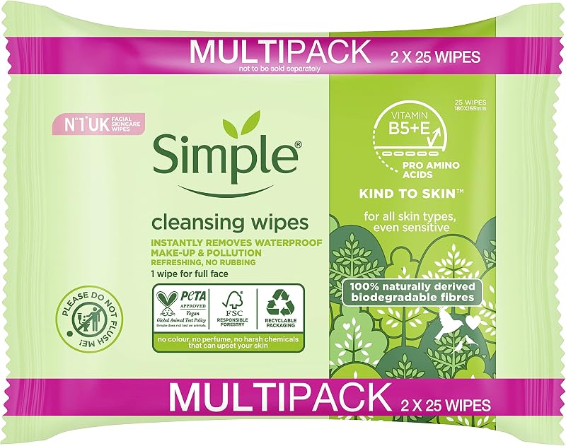 Simple Biodegradable Cleansing Wipes 2x25 for Sensitive Skin UK Brand