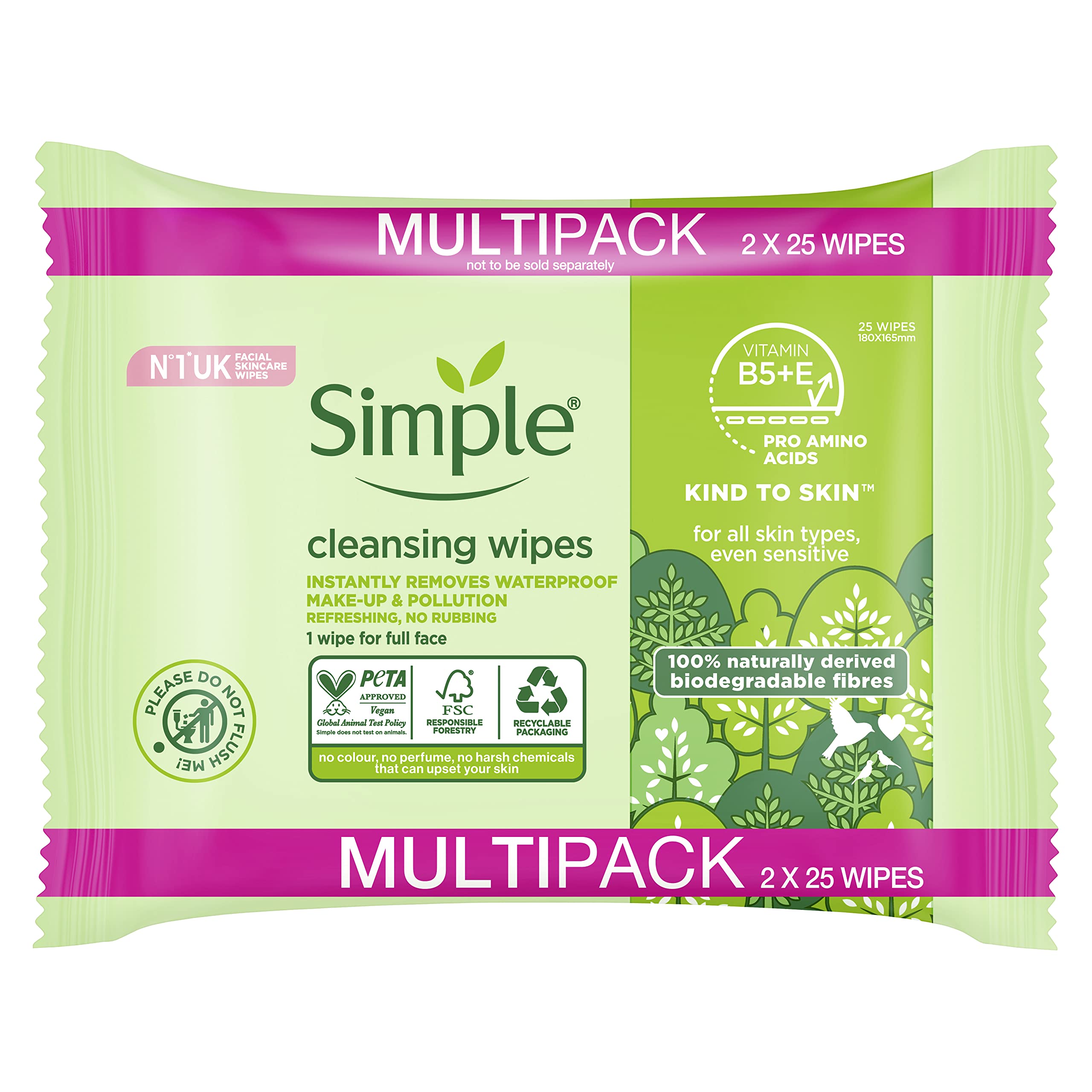 Simple Kind to Skin Biodegradable UK's No. 1 facial skin care brand* Cleansing Wipes for sensitive skin 2x25 PC